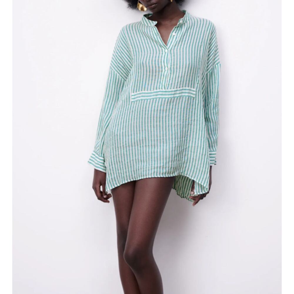 Zara Oversized Striped Tunic Shirt Beach Swim Cover M Gauze Cotton Linen‎ Blend